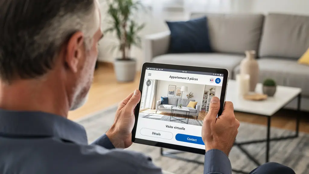 Agent immobilier présentant des photos sur tablette à un vendeur (mandat exclusif)