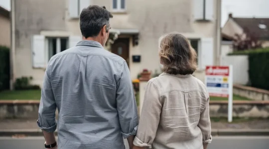 Couple français observant leur maison avec panneau à vendre (mandat immobilier)