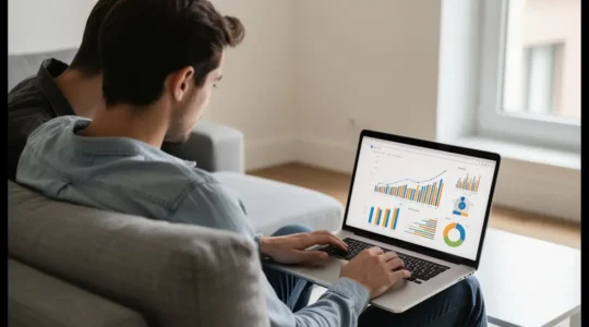 Jeune couple français consultant simulation prêt immobilier sur ordinateur dans salon moderne