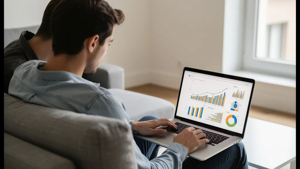 Jeune couple français consultant simulation prêt immobilier sur ordinateur dans salon moderne