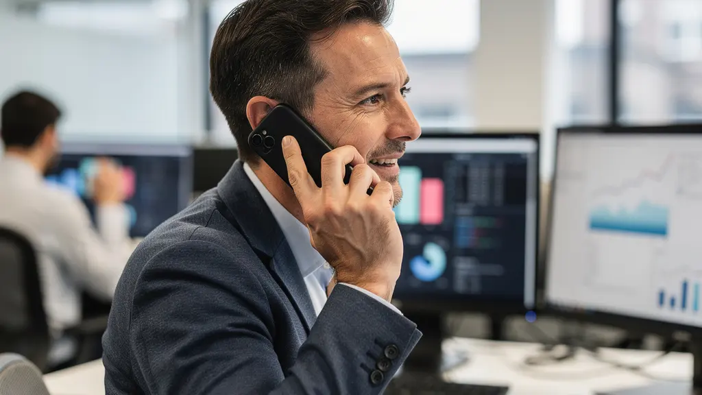 Courtier immobilier professionnel au téléphone dans bureau moderne open-space