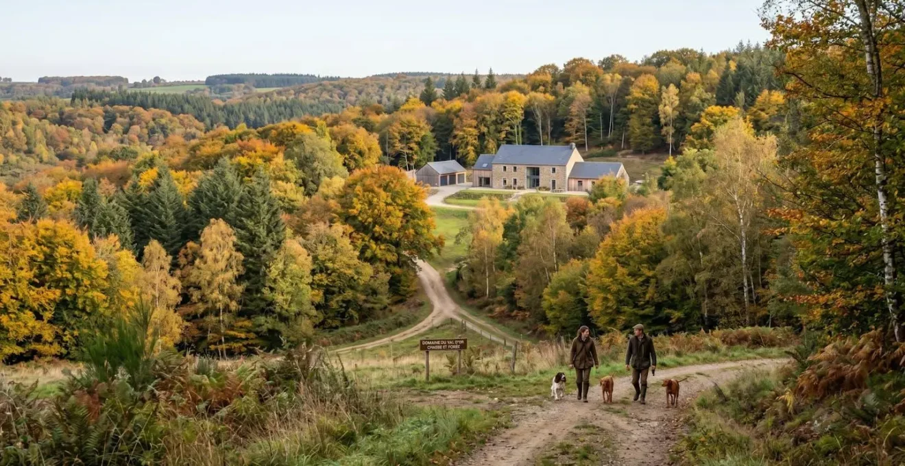 Paysage forestier français en automne avec boisement mixte de feuillus et résineux, couleurs dorées et lumière matinale naturelle