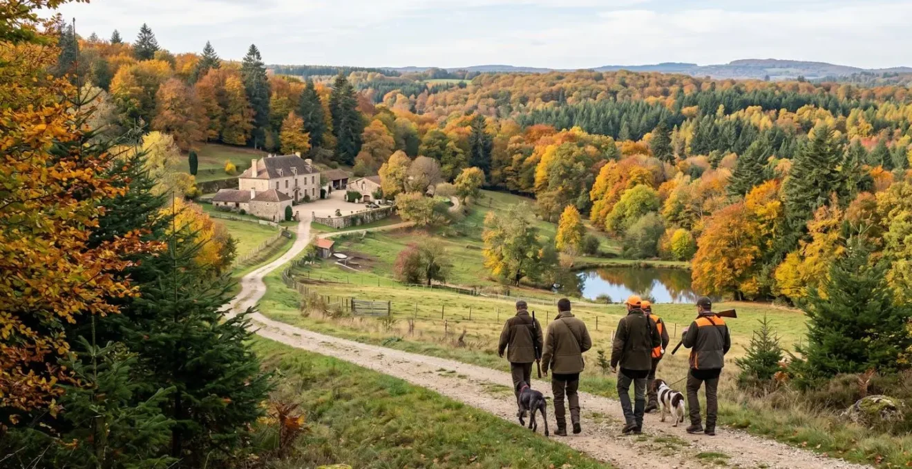 Paysage forestier français en automne avec boisement mixte de feuillus et résineux, couleurs dorées et lumière matinale naturelle