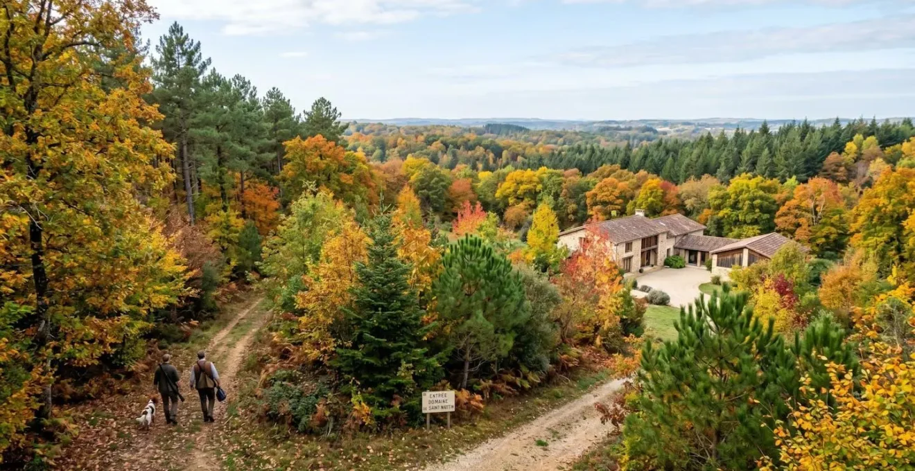 Paysage forestier français en automne avec boisement mixte de feuillus et résineux, couleurs dorées et lumière matinale naturelle
