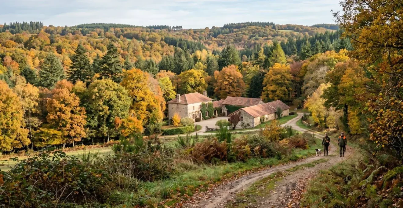 Paysage forestier français en automne avec boisement mixte de feuillus et résineux, couleurs dorées et lumière matinale naturelle