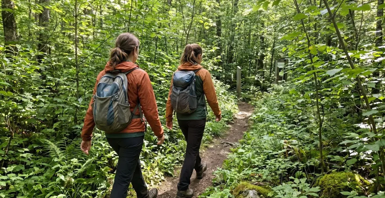 Personne en veste technique de dos marchant à travers une végétation estivale dense en forêt, vue par-dessus l'épaule avec lumière naturelle