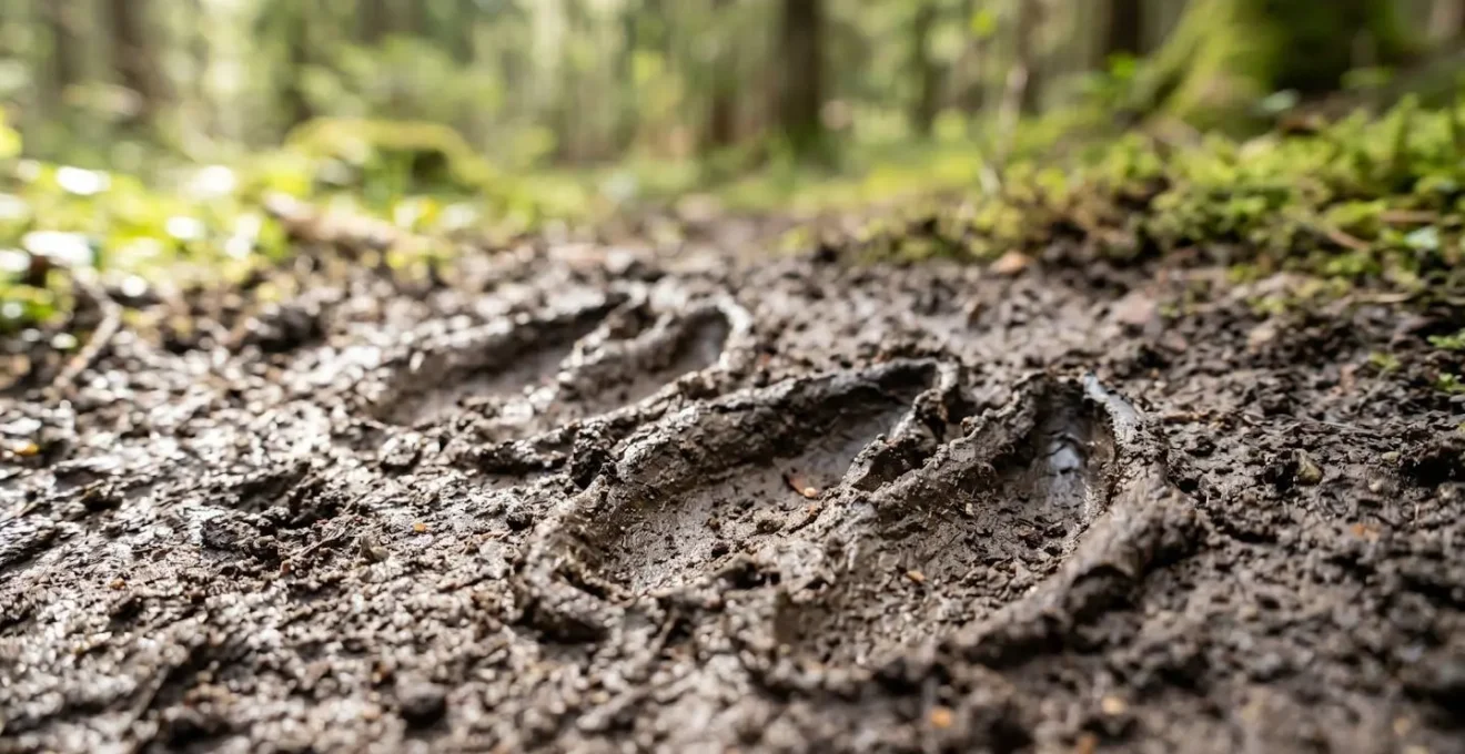 Gros plan sur des empreintes de cerf dans la boue d'un sentier forestier, avec texture détaillée et profondeur de champ réduite