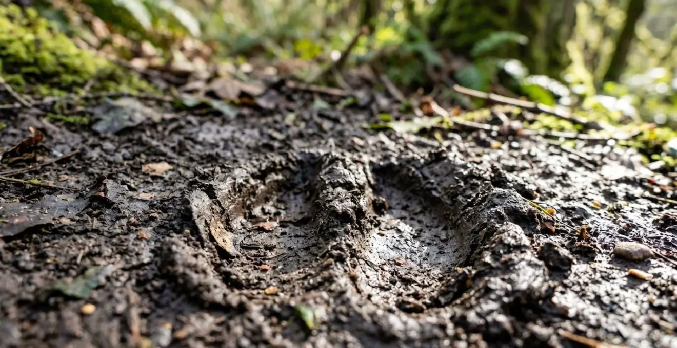 Gros plan sur des empreintes de cerf dans la boue d'un sentier forestier, avec texture détaillée et profondeur de champ réduite