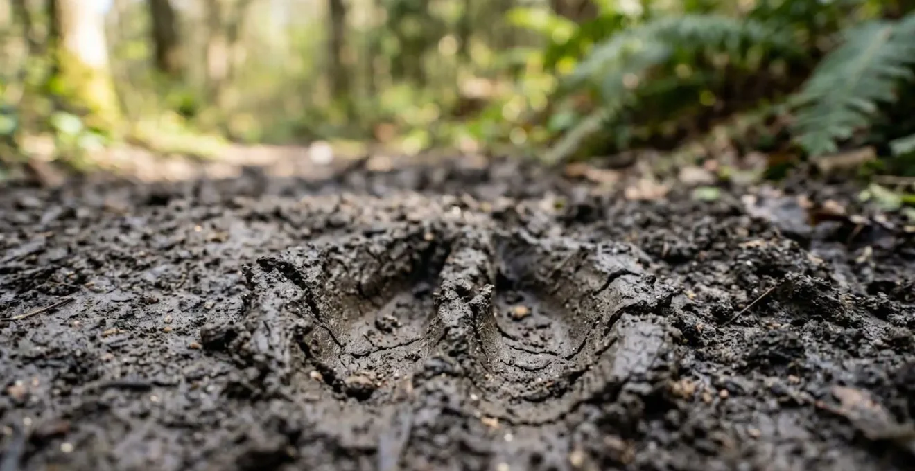 Gros plan sur des empreintes de cerf dans la boue d'un sentier forestier, avec texture détaillée et profondeur de champ réduite