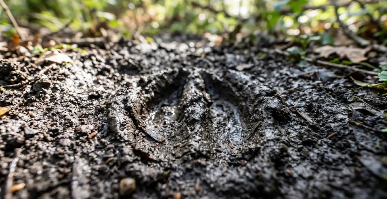 Gros plan sur des empreintes de cerf dans la boue d'un sentier forestier, avec texture détaillée et profondeur de champ réduite