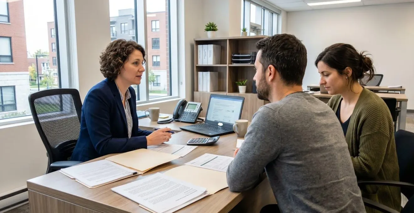 Un couple trentenaire assis face à une conseillère bancaire dans un bureau lumineux, échangeant autour de documents de prêt immobilier posés sur la table
