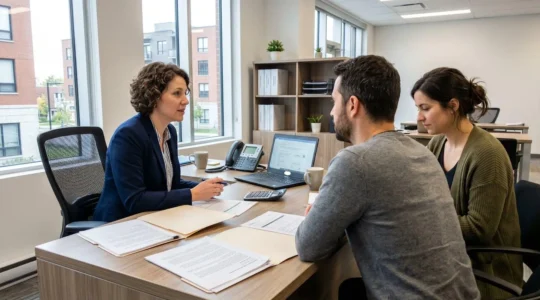 Un couple trentenaire assis face à une conseillère bancaire dans un bureau lumineux, échangeant autour de documents de prêt immobilier posés sur la table
