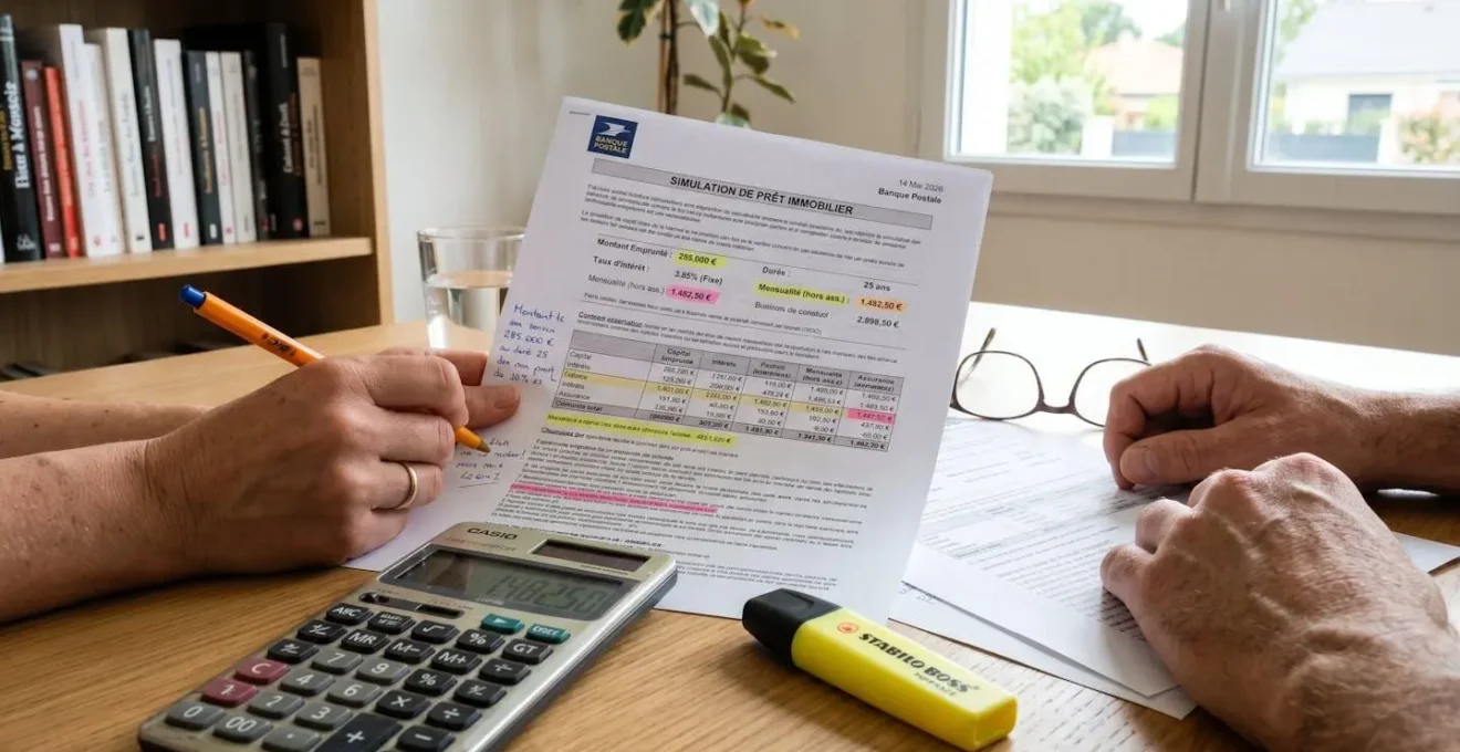 Gros plan sur des documents de simulation de prêt immobilier posés sur un bureau avec une calculatrice, des surligneurs et un stylo