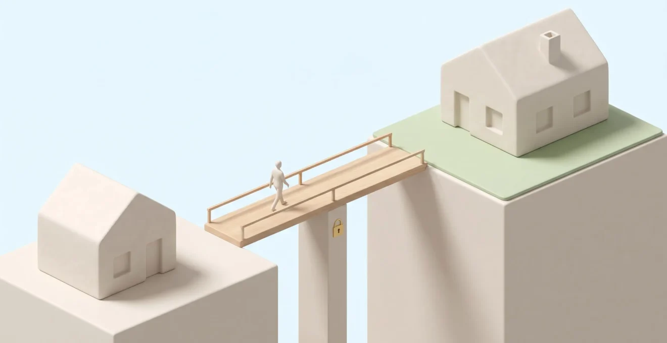 Illustration 3D isométrique montrant deux maisons reliées par un pont en bois, symbolisant le crédit relais comme passerelle financière entre deux biens immobiliers.