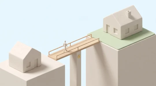 Illustration 3D isométrique montrant deux maisons reliées par un pont en bois, symbolisant le crédit relais comme passerelle financière entre deux biens immobiliers.