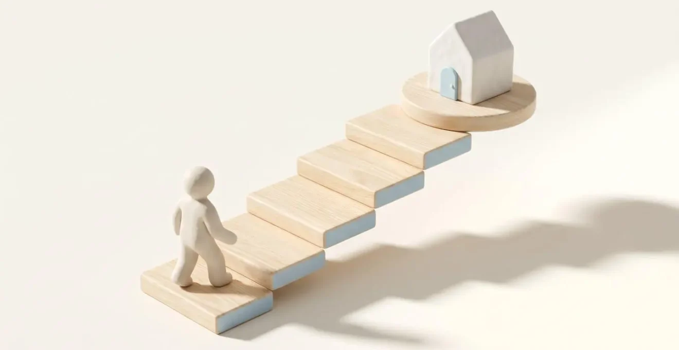 Illustration 3D d'un escalier en bois avec une silhouette montant les marches vers une maison miniature au sommet, symbolisant les étapes de la demande de crédit relais.