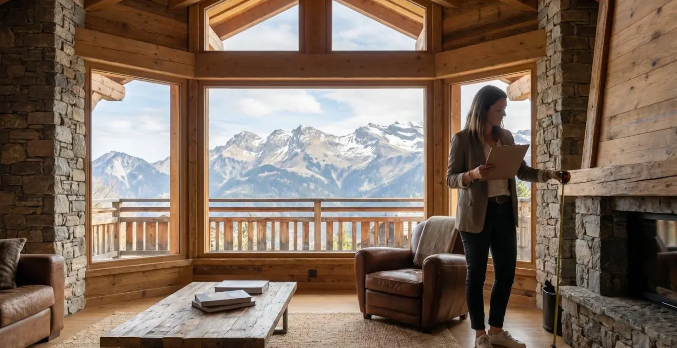 Agent immobilier avec carnet examinant l'intérieur d'un chalet en bois avec vue montagne, dans le cadre d'une estimation immobilière terrain