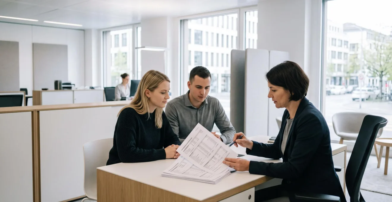 Conseiller bancaire présentant des documents de calcul de capacité d'emprunt à un couple dans un bureau d'agence immobilière moderne