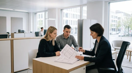 Conseiller bancaire présentant des documents de calcul de capacité d'emprunt à un couple dans un bureau d'agence immobilière moderne