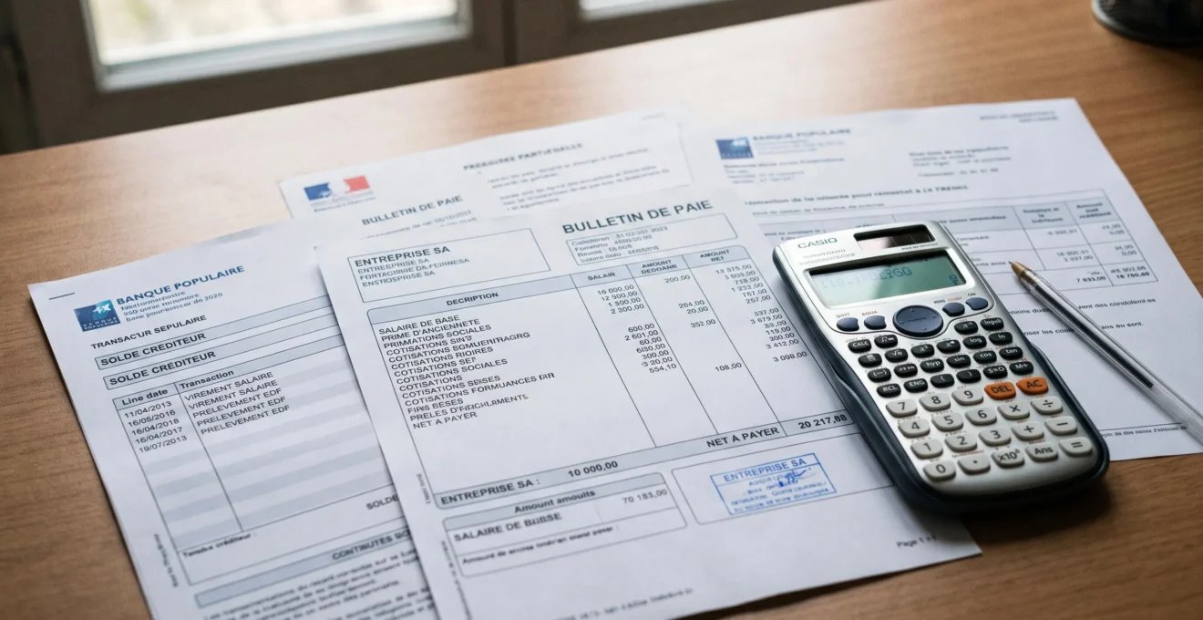 Documents de revenus français étalés sur un bureau avec calculatrice pour analyser la capacité d'emprunt
