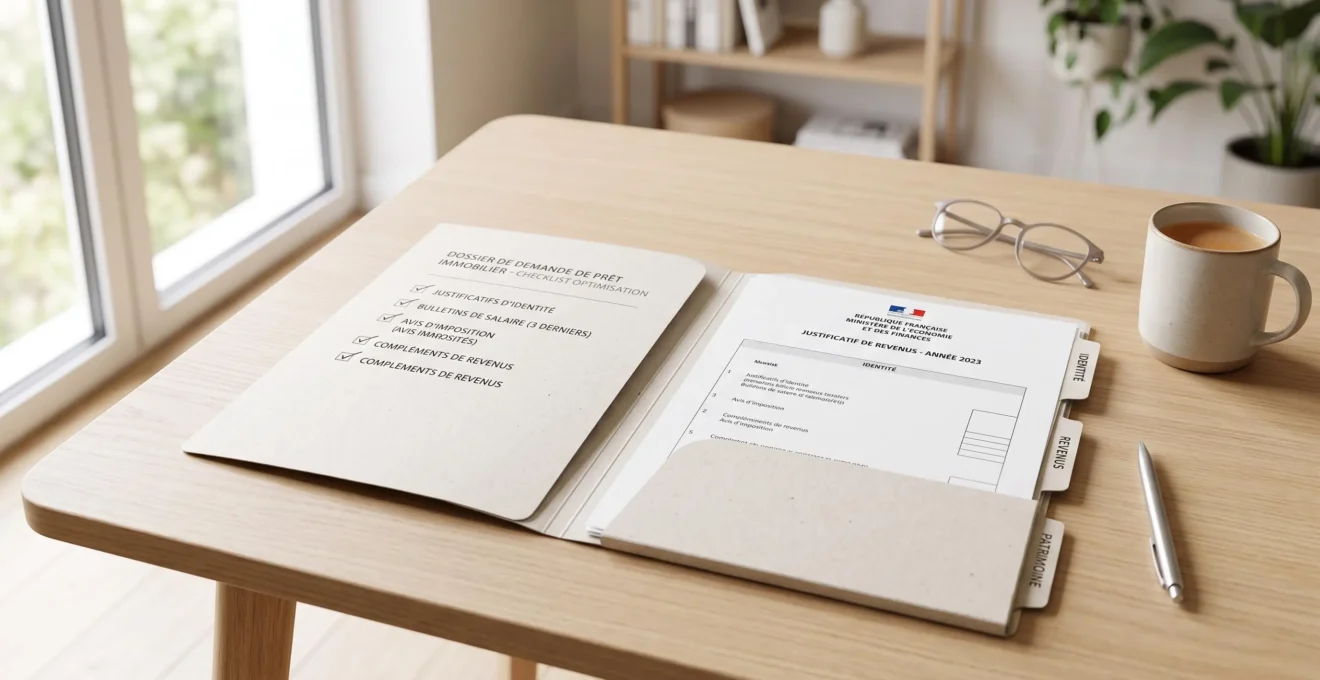 Dossier de crédit immobilier organisé avec documents classés et check-list sur bureau contemporain