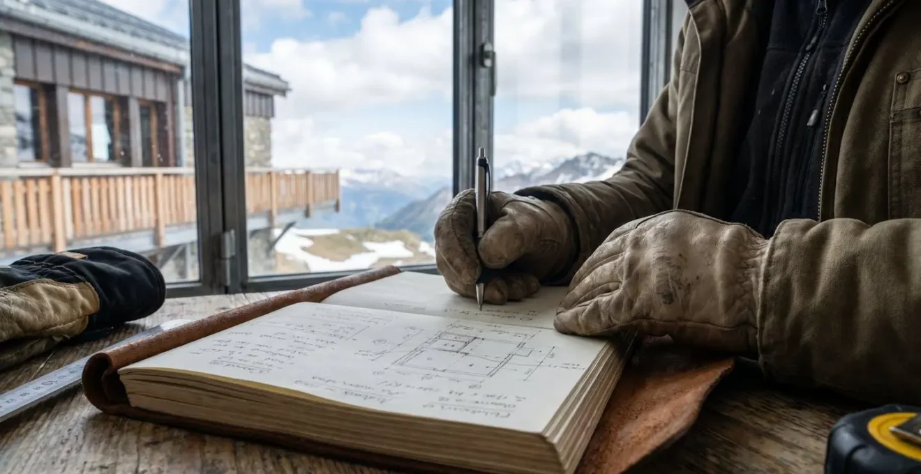 Mains d'agent immobilier prenant des notes détaillées dans un carnet lors de l'estimation d'un appartement de montagne