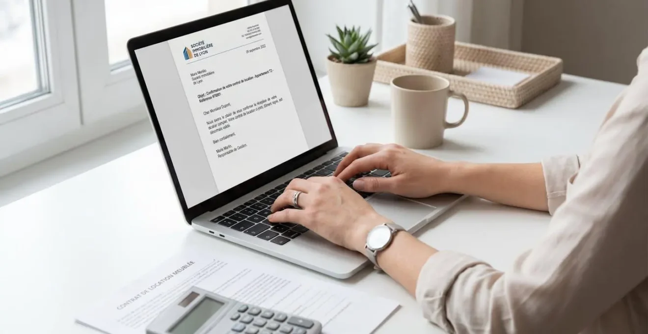 Mains tapant sur clavier d'ordinateur portable affichant lettre officielle de justification de retenue caution