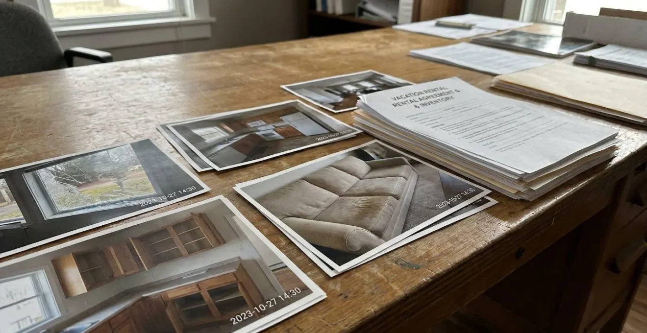 Photos imprimées d'état des lieux montrant dégradations dans appartement de vacances étalées sur une table avec documents