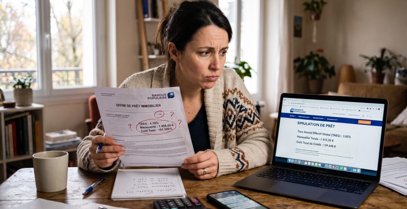 Personne travaillant sur un ordinateur portable affichant une simulation de prêt immobilier BFM dans un bureau à domicile contemporain en France, avec documents de financement et calculatrice sur le bureau