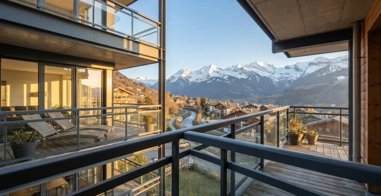 Vue panoramique sur les montagnes des Aravis depuis le balcon d'un appartement, illustrant l'impact de l'exposition sur la valorisation immobilière