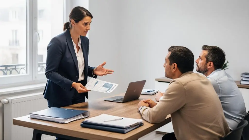 Agent immobilier expliquant la décomposition des frais d'agence à des clients dans une agence
