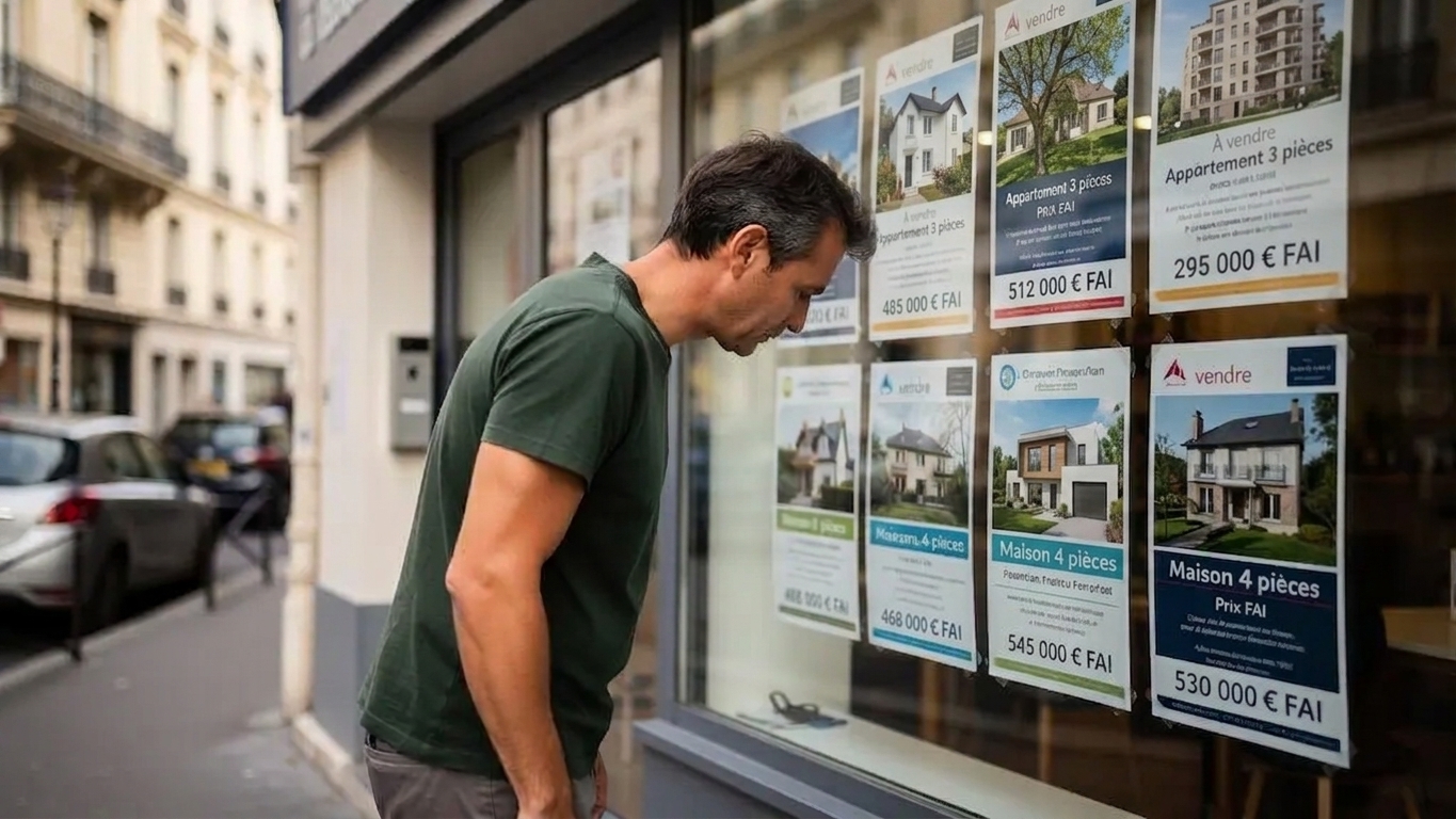 Personne consultant les annonces immobilières affichées dans la vitrine d'une agence en France