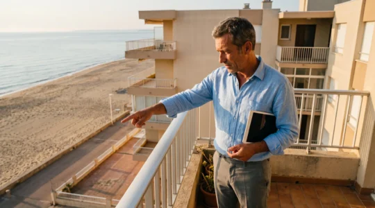 Un agent immobilier sur le balcon d'un appartement en résidence balnéaire, évaluant la vue sur la plage et la mer.