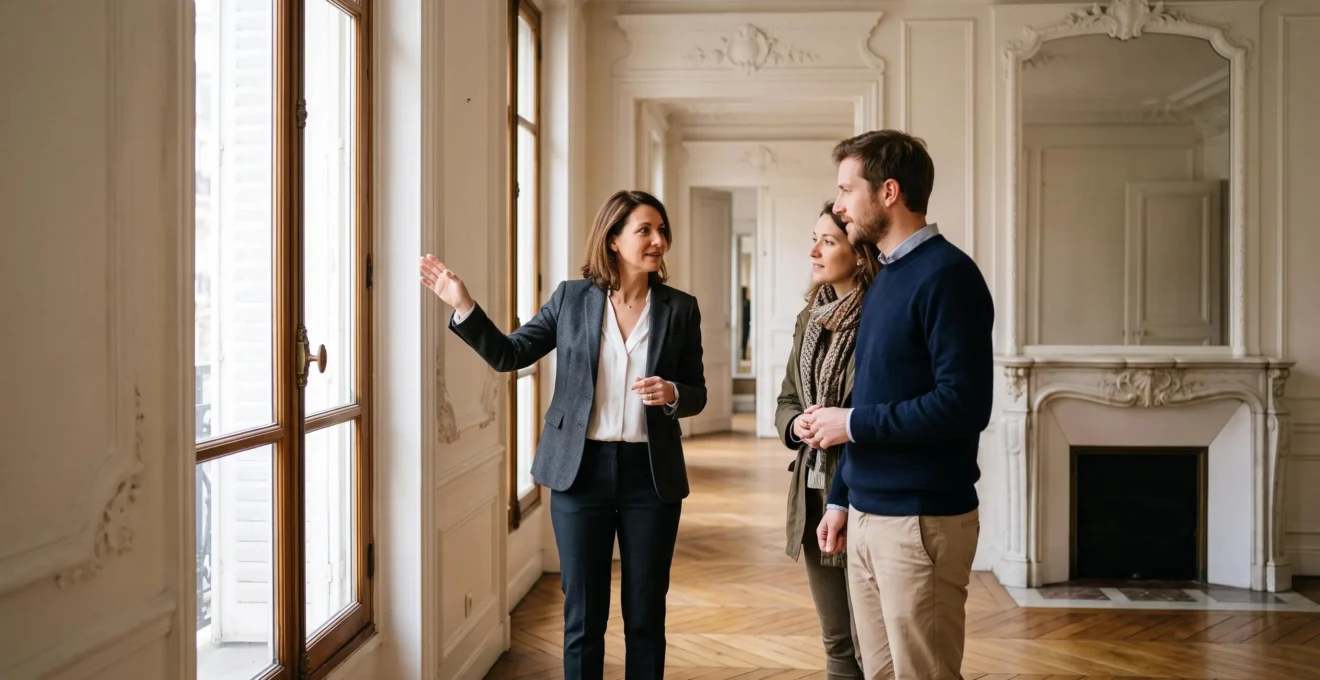 Agent immobilier présentant les caractéristiques d'un appartement à un couple lors d'une visite.