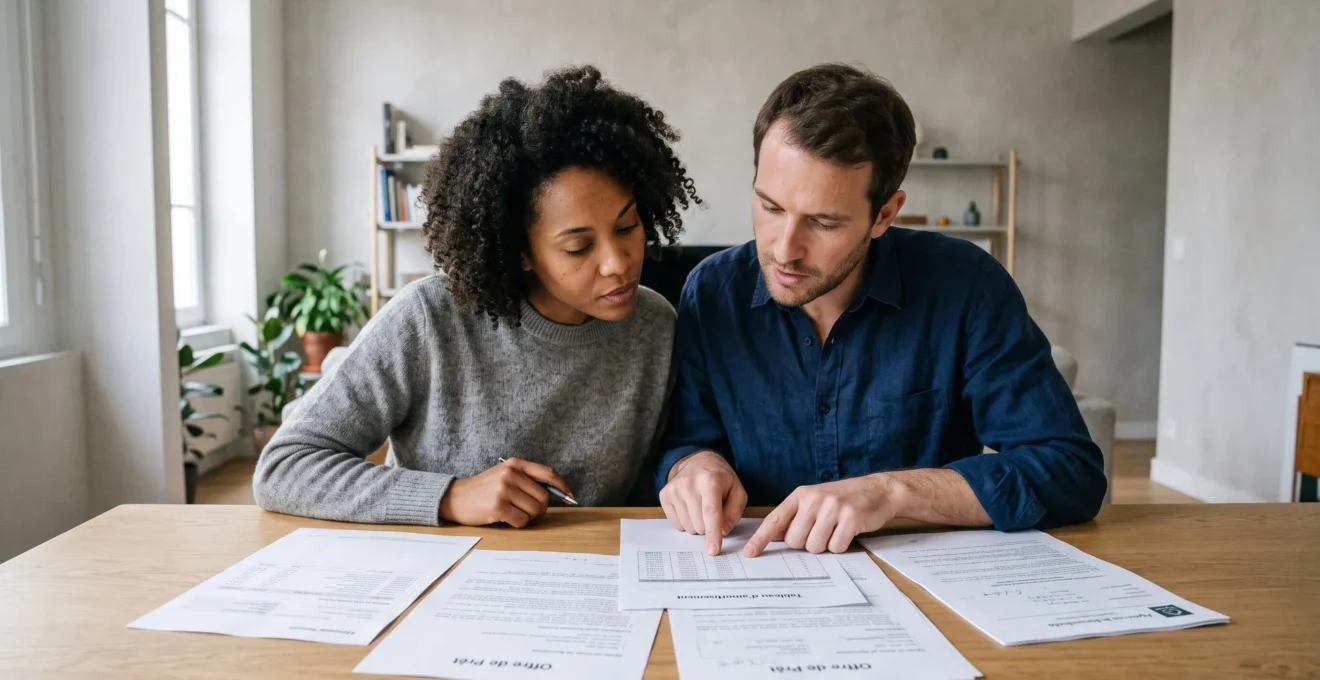 Couple examinant des documents de prêt immobilier et calculant des solutions financières à leur domicile.