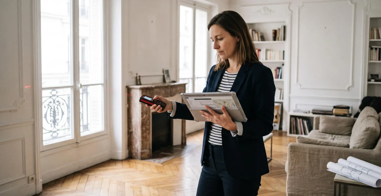 Expert immobilier réalisant une estimation avec un télémètre laser dans un appartement français.