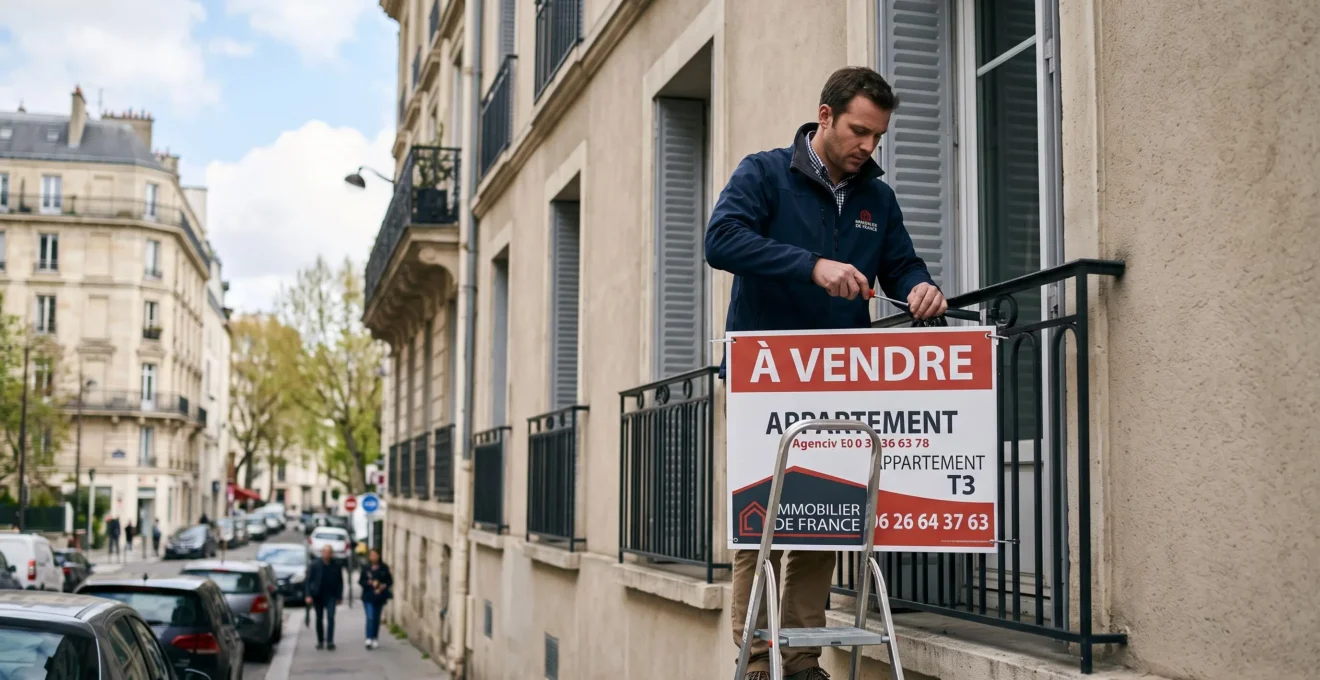 Agent immobilier installant un panneau 'À vendre' sur la façade d'un immeuble résidentiel français.