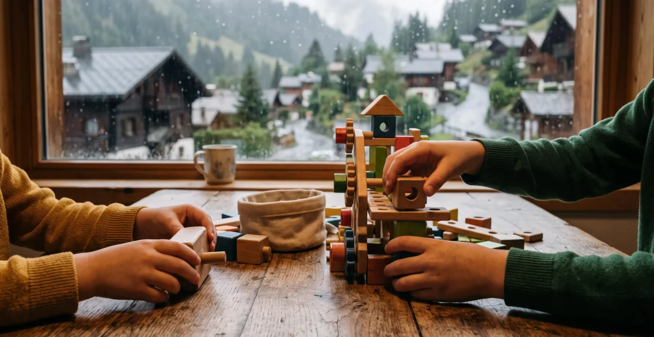 Des mains d'enfants assemblent un jeu de construction dans un appartement de montagne.