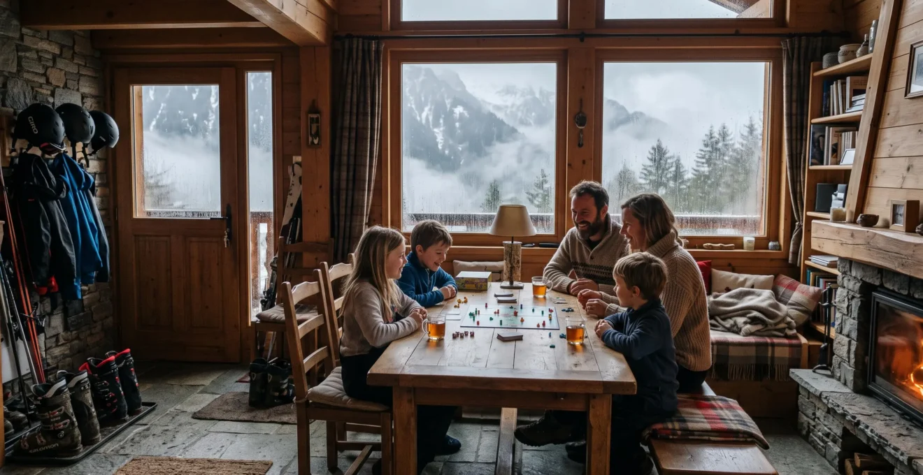 Une famille joue à des jeux de société dans un chalet de montagne sous la pluie.