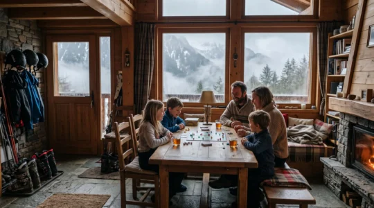 Une famille joue à des jeux de société dans un chalet de montagne sous la pluie.
