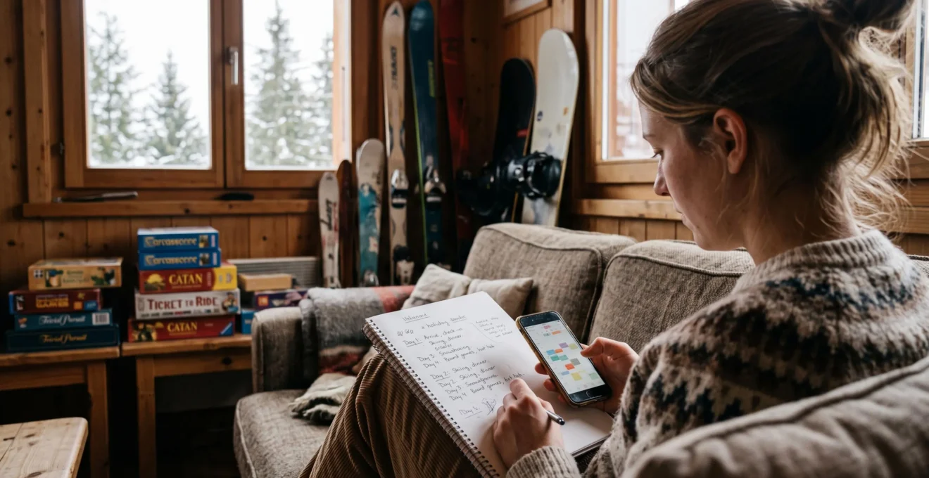Une femme planifie ses journées de ski et d'activités dans un carnet.