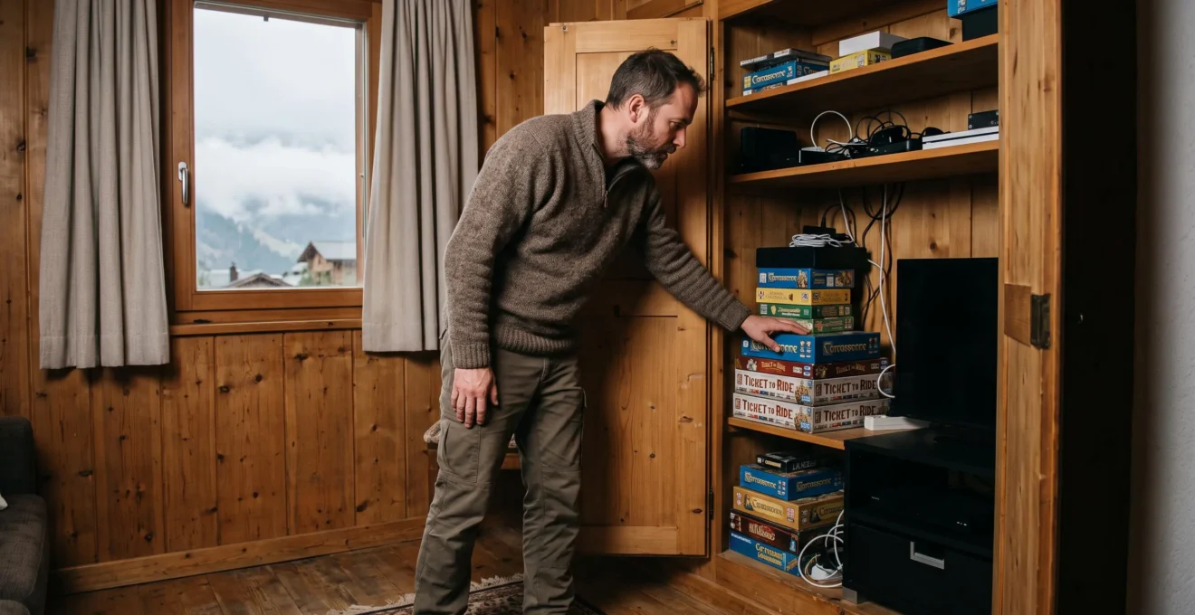 Un homme vérifie les jeux et équipements d'un placard lors d'une visite de location.